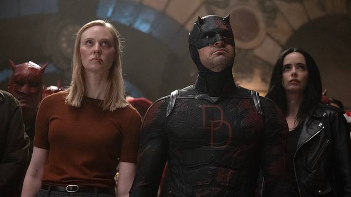 (L-R) Karen Page (Deborah Ann Woll), Matt Murdock/Daredevil (Charlie Cox) and Jessica Jones (Krysten Ritter) in Marvel Television's DAREDEVIL: BORN AGAIN SEASON 2, exclusively on Disney+. Photo by Jojo Whilden. © 2026 MARVEL.