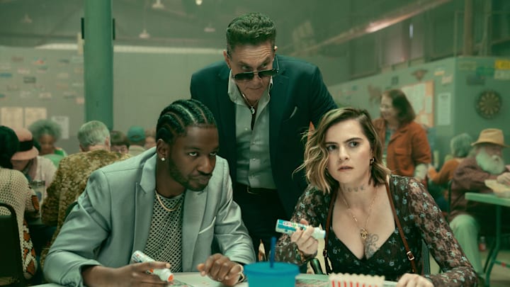 Jay Will as Tyson, Chris Caldovino as Goodie and McKenna Quigley Harrington as Grace in the Paramount+ original series TULSA KING. Photo Credit: Brian Douglas/Paramount+. ©2025 Viacom International Inc. All Rights Reserved.