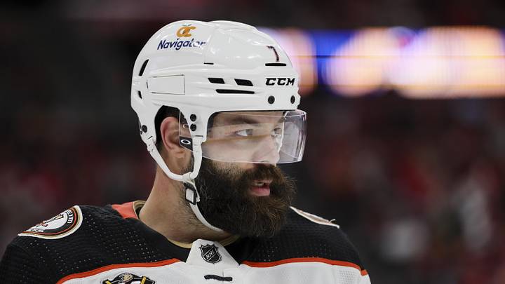 Jan 15, 2024; Sunrise, Florida, USA; Anaheim Ducks defenseman Radko Gudas (7) looks on against the Florida Panthers during the second period at Amerant Bank Arena. Mandatory Credit: Sam Navarro-Imagn Images