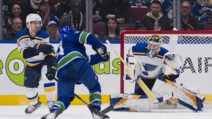 Jan 24, 2024; Vancouver, British Columbia, CAN; St. Louis Blues goalie Joel Hofer (30) prepares to make as save on Vancouver Canucks forward Pius Suter (24) in the first period at Rogers Arena. Mandatory Credit: Bob Frid-Imagn Images
