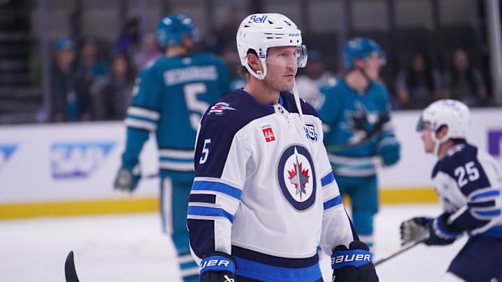 Luke Schenn (5) warms up before facing the San Jose Sharks at SAP Center at San Jose. 