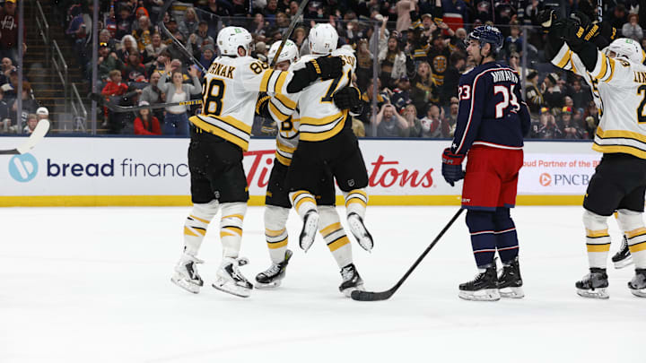 Mar 29, 2026; Columbus, Ohio, USA; Boston Bruins left wing Viktor Arvidsson (71) celebrates his goal against the Columbus Blue Jackets during the third period at Nationwide Arena. Mandatory Credit: Russell LaBounty-Imagn Images