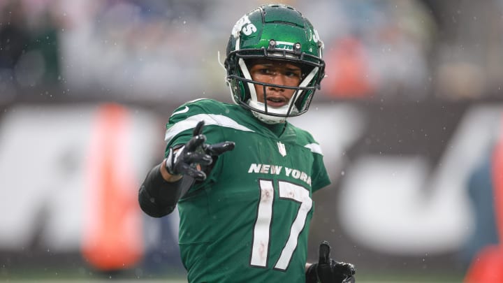 Dec 10, 2023; East Rutherford, New Jersey, USA; New York Jets wide receiver Garrett Wilson (17) before a snap during the second half against the Houston Texans at MetLife Stadium. Mandatory Credit: Vincent Carchietta-USA TODAY Sports