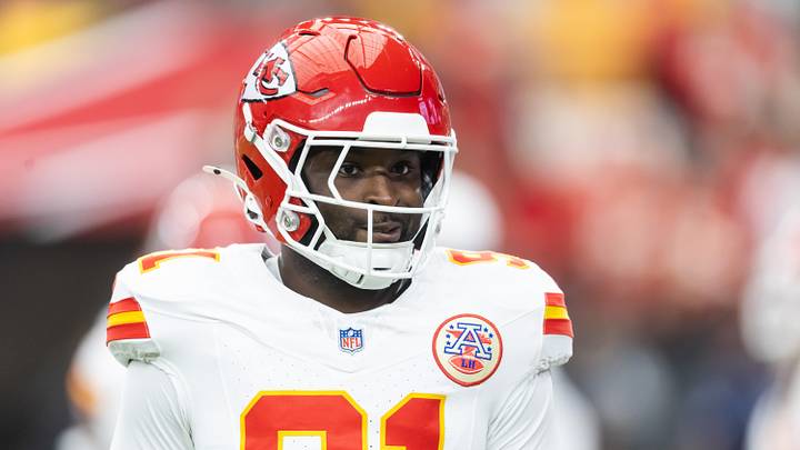 Aug 9, 2025; Glendale, Arizona, USA; Kansas City Chiefs defensive end Felix Anudike-Uzomah (91) against the Arizona Cardinals during a preseason NFL game at State Farm Stadium. Mandatory Credit: Mark J. Rebilas-Imagn Images