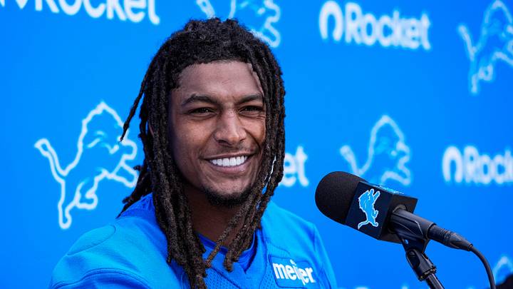 Detroit Lions running back Isiah Pacheco (10) speaks to media members after practice during mini camp at Meijer Performance Center in Allen Park on Tuesday, June 16, 2026.