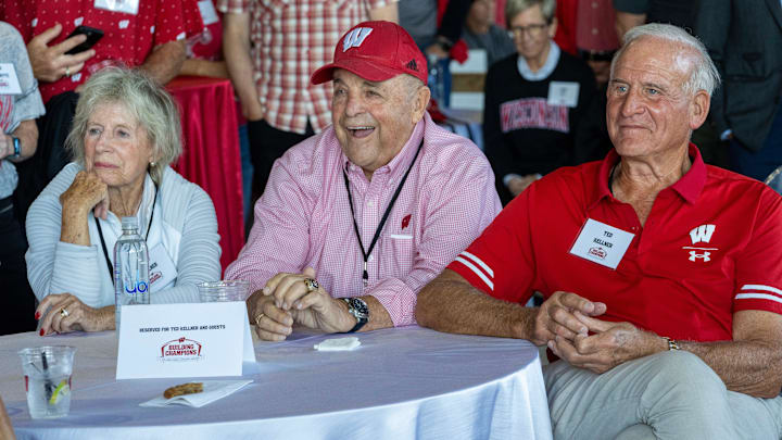 Former Wisconsin athletic director and head football coach Barry Alvarez sits between Mary and Ted Kellner during the a program recognizing donors for the Kellner Center Athletic Center Thursday, August 28, 2025 at UW-Madison in Madison, Wisconsin. The estimated cost of the project is $285 million. Ted and Mary Kellner are major donors.