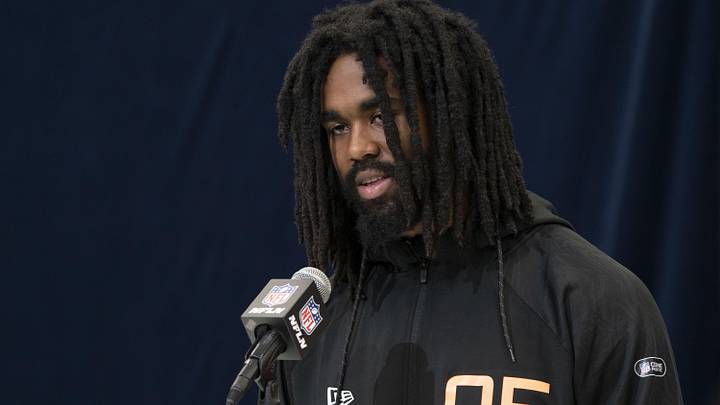 Feb 28, 2025; Indianapolis, IN, USA; Michigan running back Donovan Edwards (RB05) talks to the press during the 2025 NFL Combine at Indiana Convention Center. Mandatory Credit: Stephanie Amador Blondet-Imagn Images