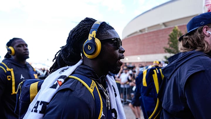 Michigan safety Rod Moore walks toward the locker room as the team arrived off the bus ahead of the New Mexico game to open the season at Michigan Stadium in Ann Arbor on Saturday, August 30, 2025.