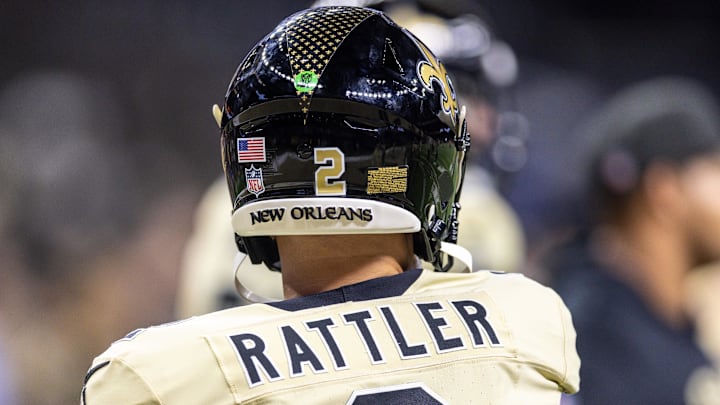 Sep 7, 2025; New Orleans, Louisiana, USA;  New Orleans Saints quarterback Spencer Rattler (2) during warmups before the game against the Arizona Cardinals at Caesars Superdome. Mandatory Credit: Stephen Lew-Imagn Images