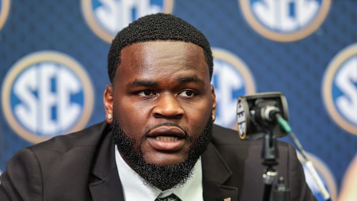 Jul 16, 2025; Atlanta, GA, USA; Florida Gators defensive lineman Caleb Banks answers questions from the media during the SEC Media Days at Omni Atlanta Hotel. Mandatory Credit: Jordan Godfree-Imagn Images