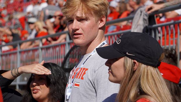 Oct 5, 2024; Columbus, OH, USA; Class of 2027 Huntington Beach, California, quarterback Brady Edmunds visits the field ahead of Ohio State's 35-7 win over the Iowa Hawkeyes after the NCAA football game at Ohio Stadium.