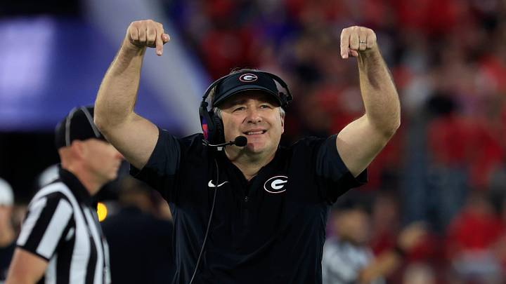 Georgia Bulldogs head coach Kirby Smart tells the students section to sit down during the fourth quarter of an NCAA football game, Saturday, Nov. 1, 2025, at EverBank Stadium in Jacksonville, Fla. Georgia held off Florida 24-20. [Corey Perrine/Florida Times-Union]