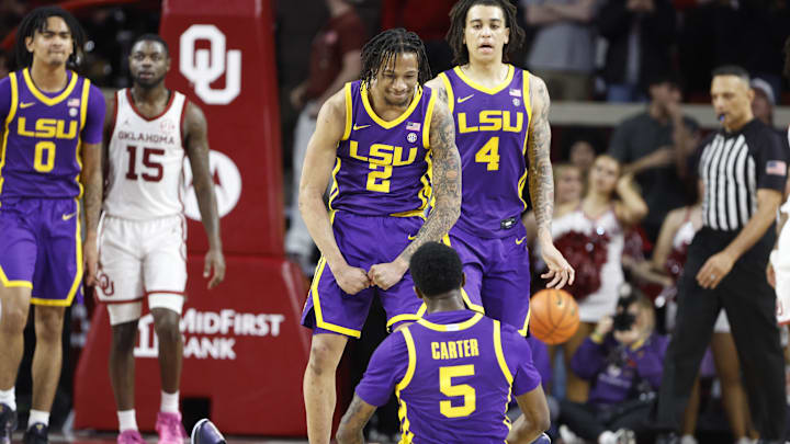 Feb 15, 2025; Norman, Oklahoma, USA; LSU Tigers guard Mike Williams III (2) reacts after guard Cam Carter (5) scores against the Oklahoma Sooners during the second half at Lloyd Noble Center. Mandatory Credit: Alonzo Adams-Imagn Images