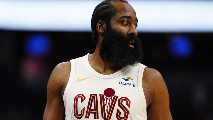 Feb 9, 2026; Denver, Colorado, USA; Cleveland Cavaliers guard James Harden (1)  in the first quarter against the Denver Nuggets at Ball Arena. Mandatory Credit: Ron Chenoy-Imagn Images