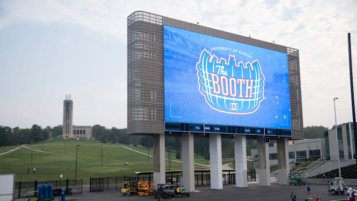 The new scoreboard is lit up during Kansas football teams first practice inside David Booth Kansas Memorial Stadium on Aug. 1, 2025.