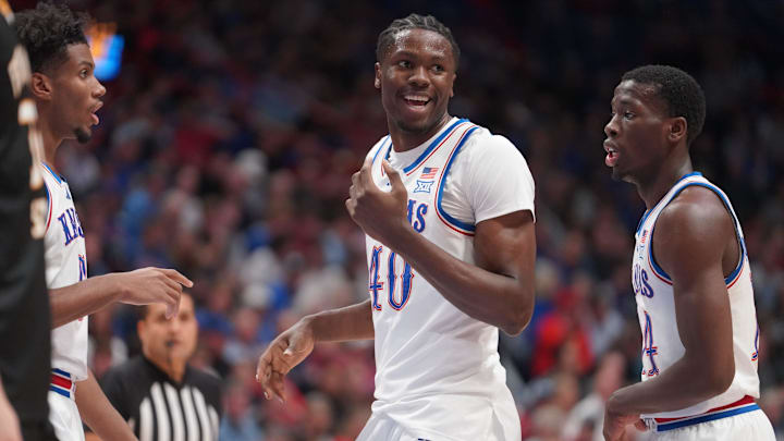 Kansas Jayhawks forward Flory Bidunga (40) smiles after a foul during the first half of the exhibition game against Fort Hays State Tigers inside Allen Fieldhouse on Tuesday, October, 28, 2025.
