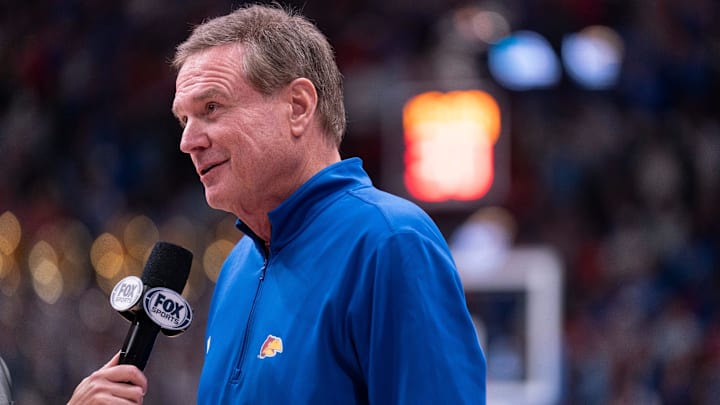 Kansas Jayhawks head coach Bill Self does a halftime interview during the game against Baylor Bears inside Allen Fieldhouse on Jan. 16, 2026.