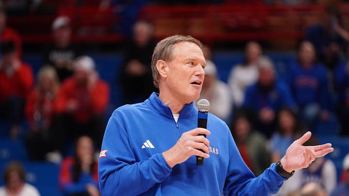Kansas Jayhawks head coach Bill Self talks to the crowd following the Sunflower Showdown game inside Allen Fieldhouse in Lawrence, Kansas, on Saturday, March 7, 2026.
