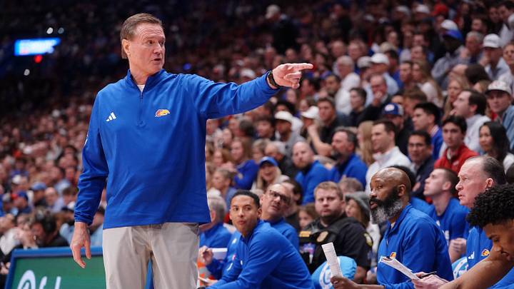 Kansas Jayhawks head coach Bill Self points to players during the game against Houston Cougars inside Allen Fieldhouse on Monday, Feb. 23, 2026.