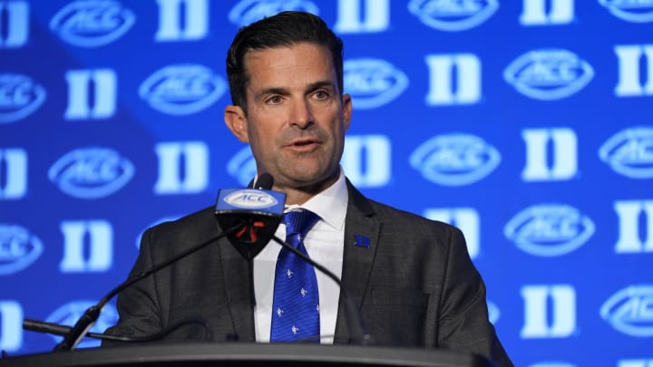 Jul 24, 2024; Charlotte, NC, USA; Duke football head coach Manny Diaz speaks to the media during the ACC Kickoff