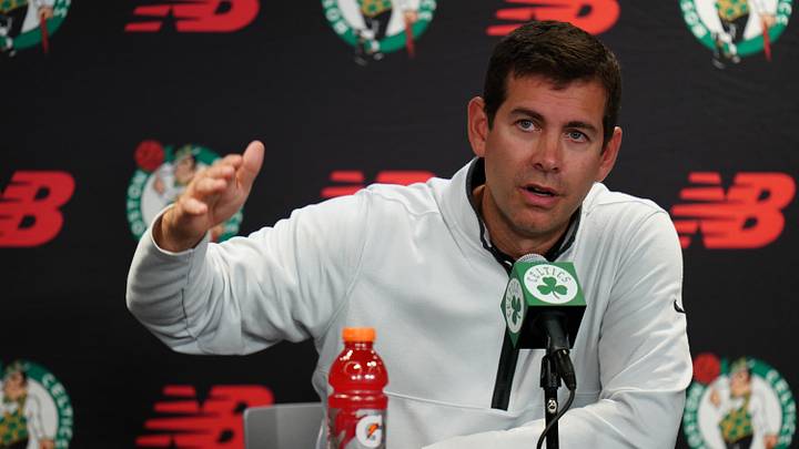 Oct 2, 2023; Boston, Celtics, USA; Boston Celtics president of basketball operations Brad Stevens talks during Boston Celtics Media Day. Mandatory Credit: David Butler II-Imagn Images