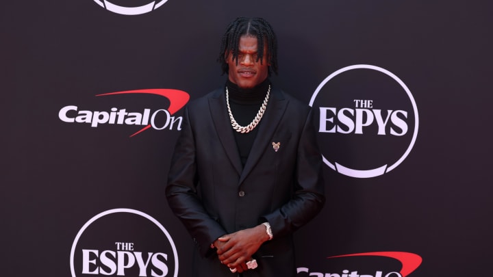 Jul 11, 2024; Los Angeles, CA, USA; Baltimore Ravens quarterback Lamar Jackson arrives on the red carpet before the 2024 ESPYS at Dolby Theatre. Mandatory Credit: Kiyoshi Mio-USA TODAY Sports