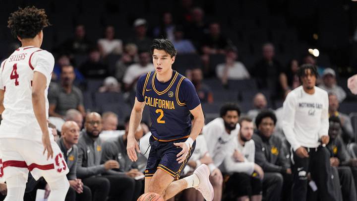 Mar 12, 2025; Charlotte, NC, USA; California Golden Bears guard Andrej Stojakovic (2) brings the ball up court against the Stanford Cardinal during the first half at Spectrum Center. Mandatory Credit: Jim Dedmon-Imagn Images