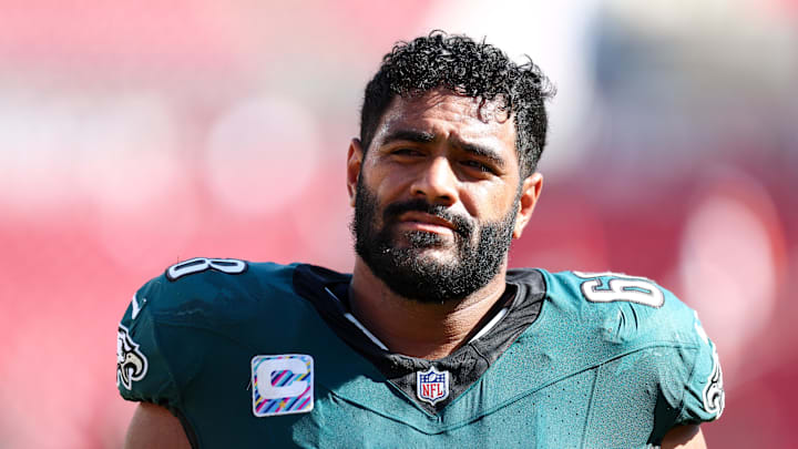 Sep 29, 2024; Tampa, Florida, USA; Philadelphia Eagles offensive tackle Jordan Mailata (68) looks on after a game against the Tampa Bay Buccaneers at Raymond James Stadium. Mandatory Credit: Nathan Ray Seebeck-Imagn Images