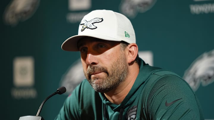 Jun 10, 2025; Philadelphia, PA, USA; Philadelphia Eagles head coach Nick Sirianni addresses media during a press conference at NovaCare Complex. Mandatory Credit: Kyle Ross-Imagn Images
