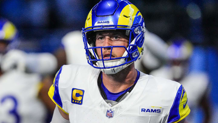 Los Angeles Rams quarterback Matthew Stafford (9) runs out the tunnel during the Detroit Lions season opener against the Los Angeles Rams at Ford Field in Detroit, on Sunday, Sept. 8. 2024.