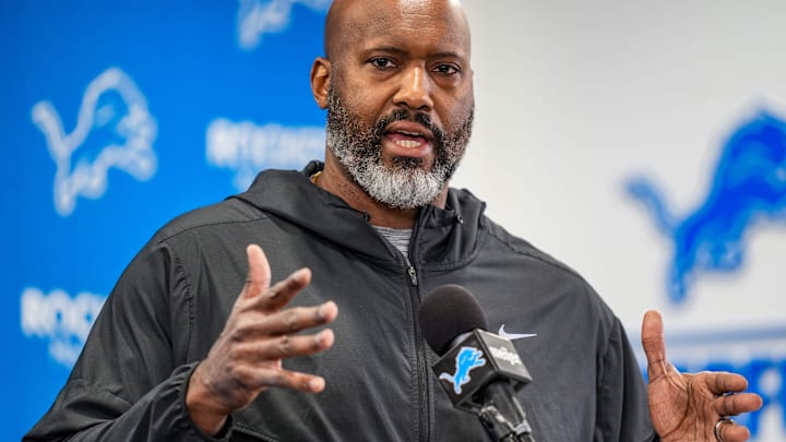 Detroit Lions Executive Vice President & General Manager Brad Holmes speaks to the press about their season, how it ended and what’s next at the Detroit Lions headquarters and training facility in Allen Park, Mich., Thursday, Jan. 23, 2025.