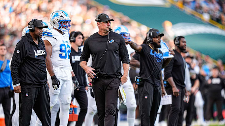 Detroit Lions head coach Dan Campbell watches a play against Green Bay Packers during the second half at Lambeau Field in Green Bay, Wis., on Sunday, September 7, 2025.