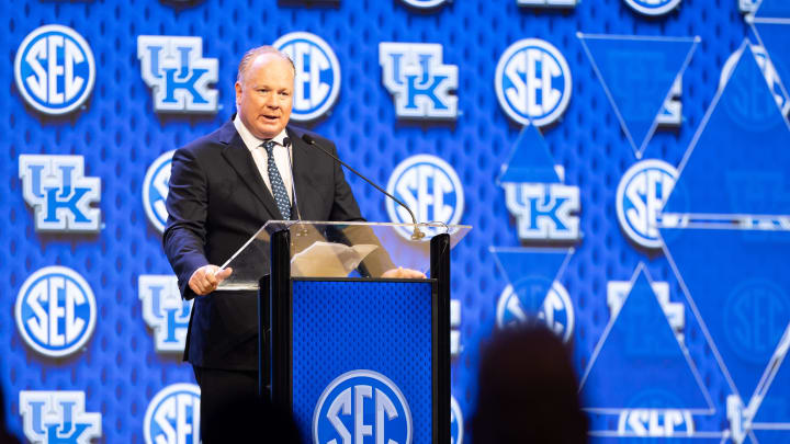 Jul 18, 2024; Dallas, TX, USA; Kentucky head coach Mark Stoops speaking at Omni Dallas Hotel. Mandatory Credit: Brett Patzke-USA TODAY Sports