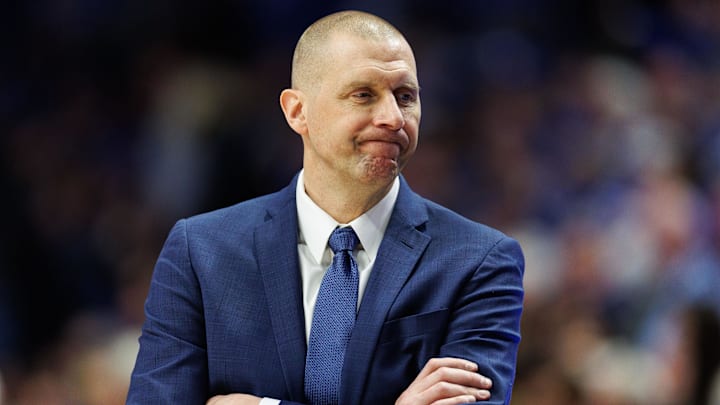 Feb 1, 2025; Lexington, Kentucky, USA; Kentucky Wildcats head coach Mark Pope reacts to the action during the second half against the Arkansas Razorbacks at Rupp Arena at Central Bank Center. Mandatory Credit: Jordan Prather-Imagn Images