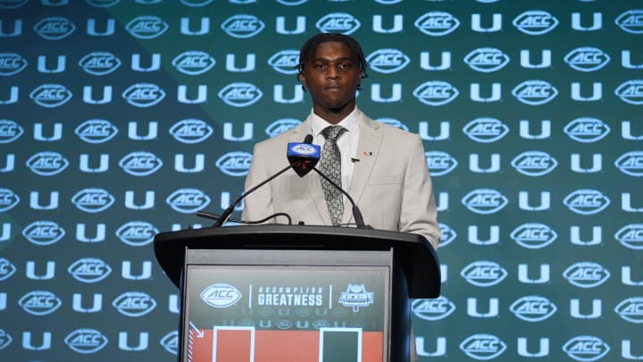 Jul 24, 2024; Charlotte, NC, USA;  Miami Hurricanes quarterback Cam Ward speaks to the media during the ACC Kickoff at Hilton Charlotte Uptown. Mandatory Credit: Jim Dedmon-USA TODAY Sports