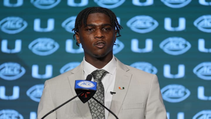 Jul 24, 2024; Charlotte, NC, USA;  Miami Hurricanes quarterback Cam Ward speaks to the media during the ACC Kickoff at Hilton Charlotte Uptown. Mandatory Credit: Jim Dedmon-USA TODAY Sports