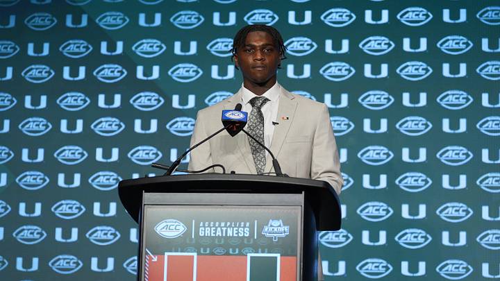 Jul 24, 2024; Charlotte, NC, USA;  Miami Hurricanes quarterback Cam Ward speaks to the media during the ACC Kickoff at Hilton Charlotte Uptown. Mandatory Credit: Jim Dedmon-USA TODAY Sports