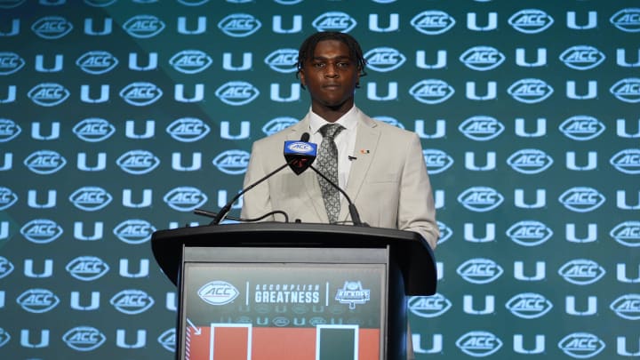 Jul 24, 2024; Charlotte, NC, USA;  Miami Hurricanes quarterback Cam Ward speaks to the media during the ACC Kickoff at Hilton Charlotte Uptown. Mandatory Credit: Jim Dedmon-USA TODAY Sports