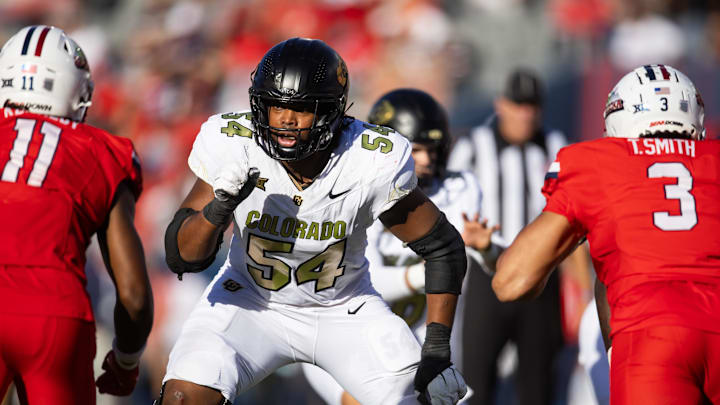 Oct 19, 2024; Tucson, Arizona, USA; Colorado Buffalos offensive tackle Phillip Houston (54) against the Arizona Wildcats at Arizona Stadium. Mandatory Credit: Mark J. Rebilas-Imagn Images