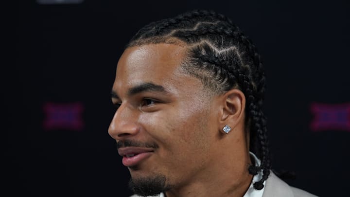 Jul 9, 2025; Frisco, TX, USA; Arizona defensive back Treydan Stukes speaks with the media during 2025 Big 12 Football Media Days at The Star. Mandatory Credit: Raymond Carlin III-Imagn Images