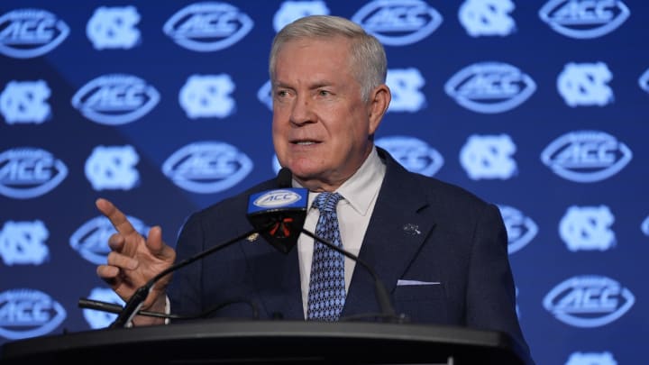 Jul 25, 2024; Charlotte, NC, USA;  UNC Tar Heels head coach Mack Brown speaks to the media during the ACC Kickoff at Hilton Charlotte Uptown. Mandatory Credit: Jim Dedmon-USA TODAY Sports