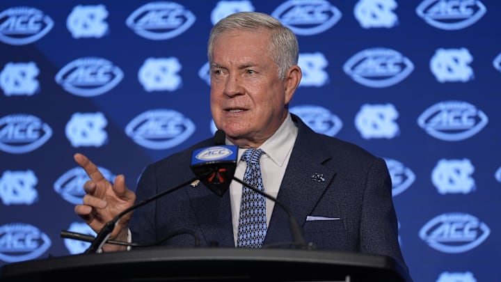 Jul 25, 2024; Charlotte, NC, USA;  UNC Tar Heels head coach Mack Brown speaks to the media during the ACC Kickoff at Hilton Charlotte Uptown. Mandatory Credit: Jim Dedmon-Imagn Images