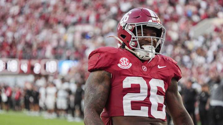 Oct 4, 2025; Tuscaloosa, Alabama, USA;  Alabama running back Jam Miller (26) reacts after scoring a late touchdown to seal the victory at Saban Field at Bryant-Denny Stadium. Alabama downed Vanderbilt 30-14. Mandatory Credit: Gary Cosby Jr.-Imagn Images