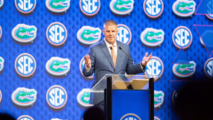 Jul 17, 2024; Dallas, TX, USA; Florida head coach Billy Napier speaking at Omni Dallas Hotel. Mandatory Credit: Brett Patzke-USA TODAY Sports