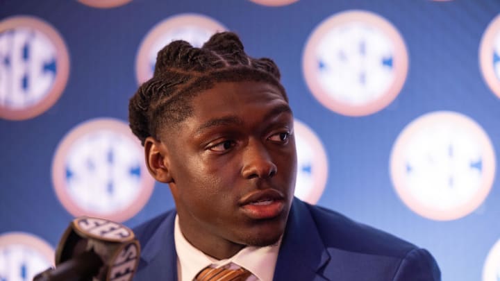 Jul 17, 2024; Dallas, TX, USA; Florida running back Montrell Johnson Jr. speaking to the media at Omni Dallas Hotel. Mandatory Credit: Brett Patzke-USA TODAY Sports