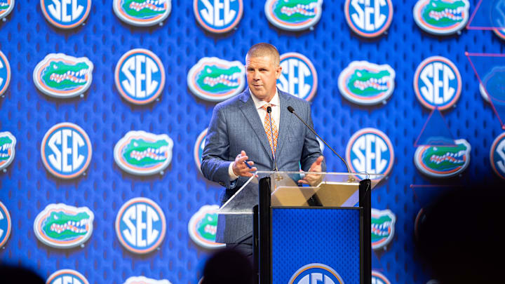 Jul 17, 2024; Dallas, TX, USA; Florida head coach Billy Napier speaking at Omni Dallas Hotel. Mandatory Credit: Brett Patzke-Imagn Images