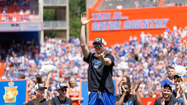 Apr 12, 2025; Gainesville, FL, USA; Florida Gators forward Alex Condon (21) gestures during the National Championship celebration at Ben Hill Griffin Stadium. Mandatory Credit: Matt Pendleton-Imagn Images