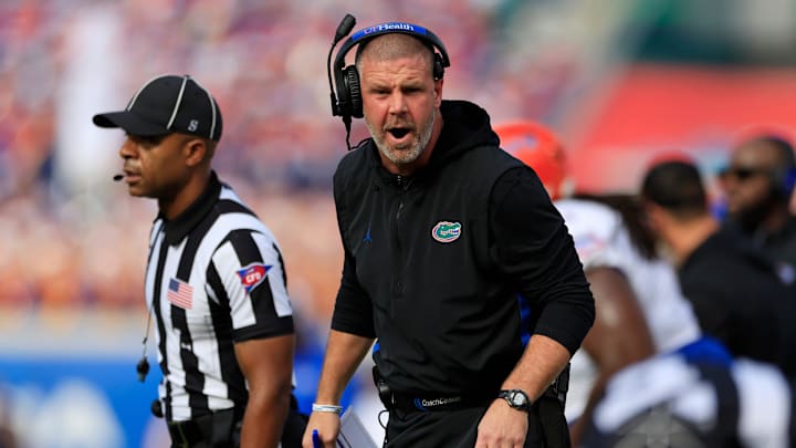Florida Gators head coach Billy Napier argues with officials during the first quarter of an NCAA college football matchup Saturday, Nov. 2, 2024 at EverBank Stadium in Jacksonville, Fla. The Georgia Bulldogs defeated the Florida Gators 34-20. [Corey Perrine/Florida Times-Union]