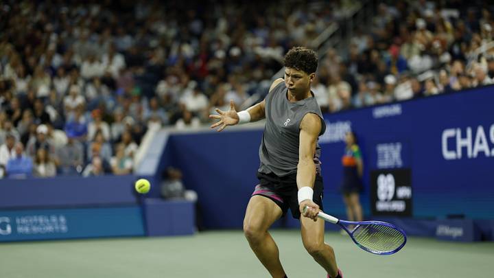Aug 27, 2025; Flushing, NY, USA; Ben Shelton (USA) hits a forehand against Pablo Carreño Busta (ESP) (not pictured) on day four of the 2025 US Open tennis tournament at Billie Jean King USTA National Tennis Center. Mandatory Credit: Geoff Burke-Imagn Images