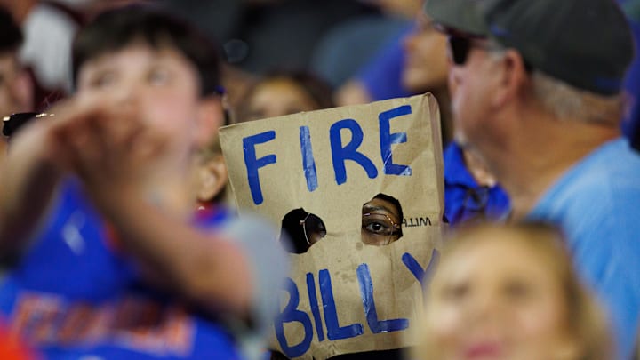 Oct 18, 2025; Gainesville, Florida, USA; A fan wears a Fire Billy Napier bag over their head between the Florida Gators and Mississippi State Bulldogs during the second half at Ben Hill Griffin Stadium. Mandatory Credit: Matt Pendleton-Imagn Images
